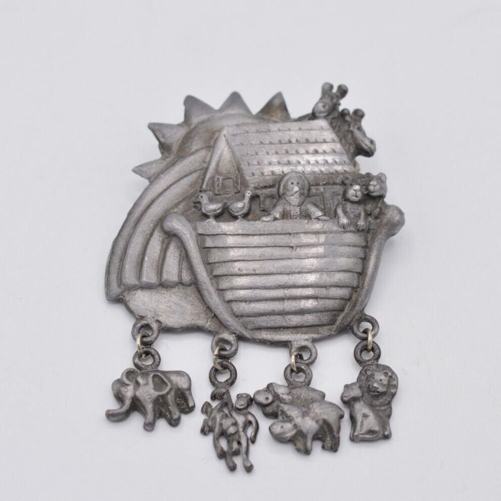 Vintage Noah's Ark Charm Pin Brooch Pewter Rustic Dangle Animals 1980s BinAC